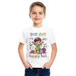 Happy Holi Hindi+English-Kids Holi t-Shirt for Kids Regular Dry fit Half Sleeves White Printed