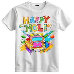 Happy Holi Graphic Printed Round Neck White T-Shirt for Kids | Colourful Festival Printed t Shirt tee for Holi