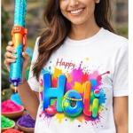 Happy Holi T-Shirt for Men & Women, Colorful Holi Print with Pichkari Design, Soft Cotton Festival Wear Graphic Tee